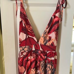Women's Red Tropical Print Tie-Shoulder Cover Up Maxi Dress